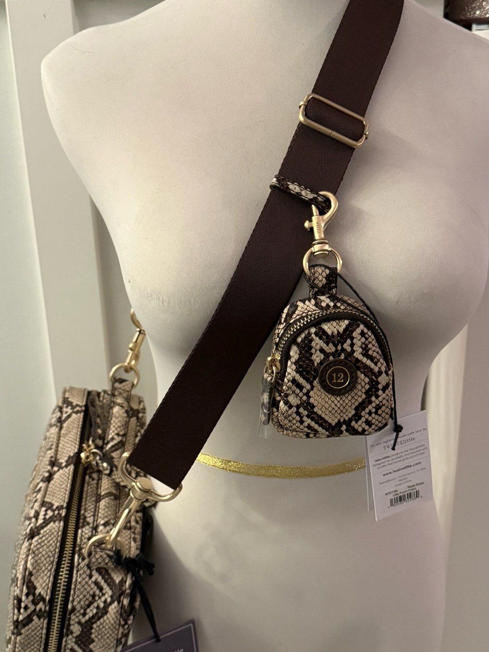 Mini Snake-Print Crossbody Pouch in Beige and Brown
